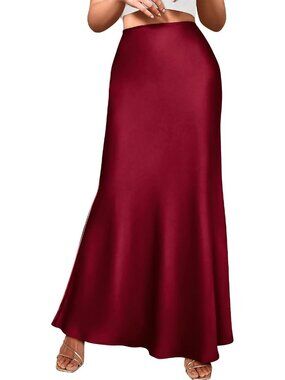 Women's Wine Red Satin Silk High Waist Flared Pull On Maxi Mermaid Satin Skirt